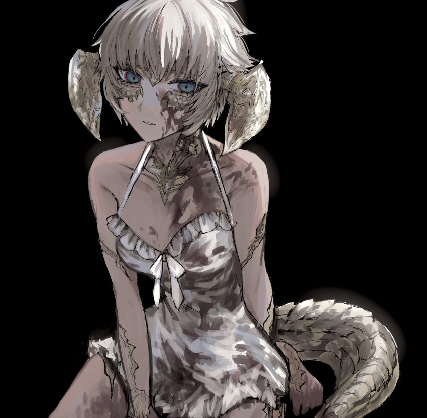 0niku_niku, 1girl, au_ra, barefoot, black_background, blonde_hair, blood, blood_on_clothes