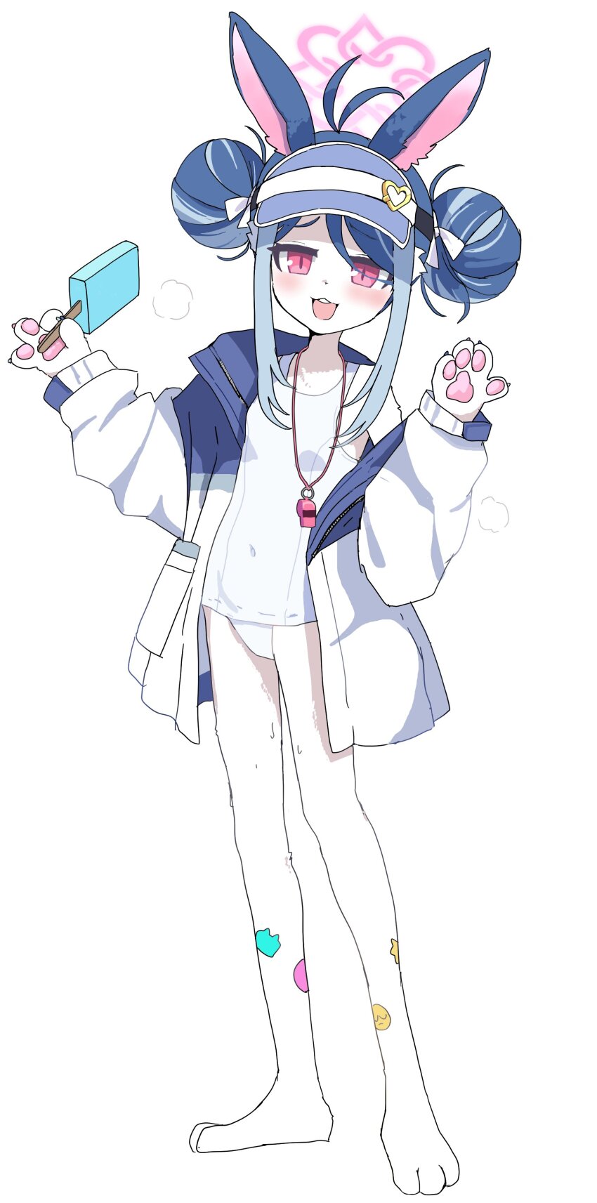 1girl, :3, absurdres, animal_ears, barefoot, blue_archive, blue_hair, blue_hat