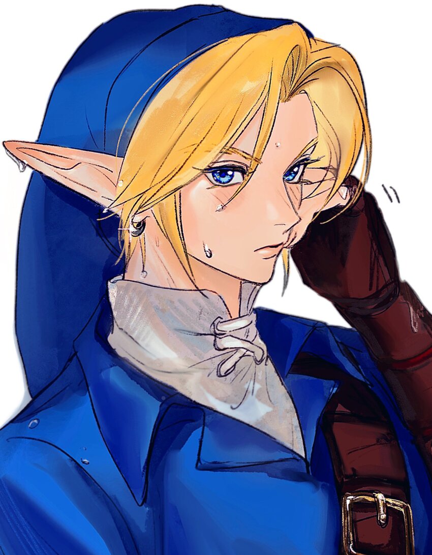 1boy, 756zl, belt, blonde_hair, blue_eyes, blue_tunic, blush, brown_belt