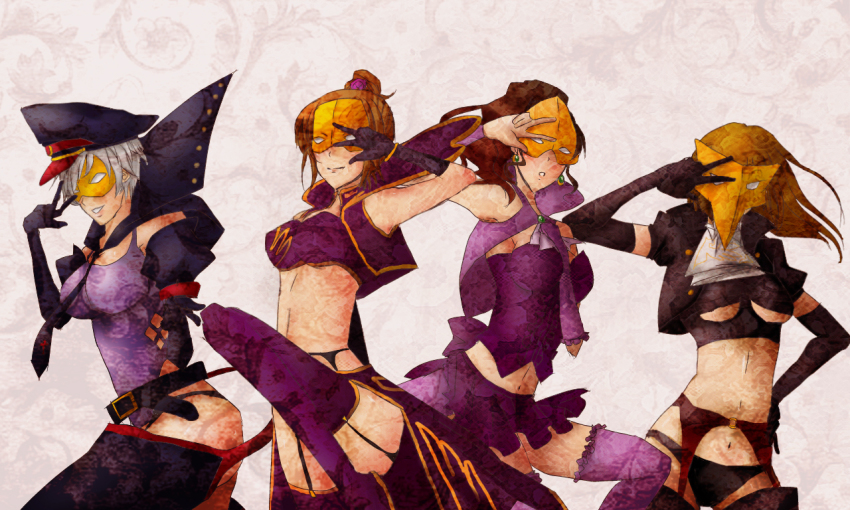 07th_expansion, 4girls, adapted_costume, amato_nagi, armpits, belt, breasts, brown_hair