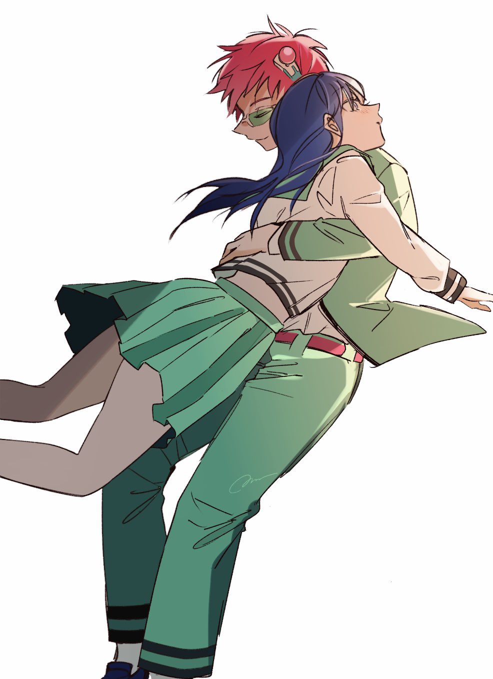 1boy, 1girl, blue_eyes, blue_hair, blush, closed_eyes, closed_mouth, commentary_request