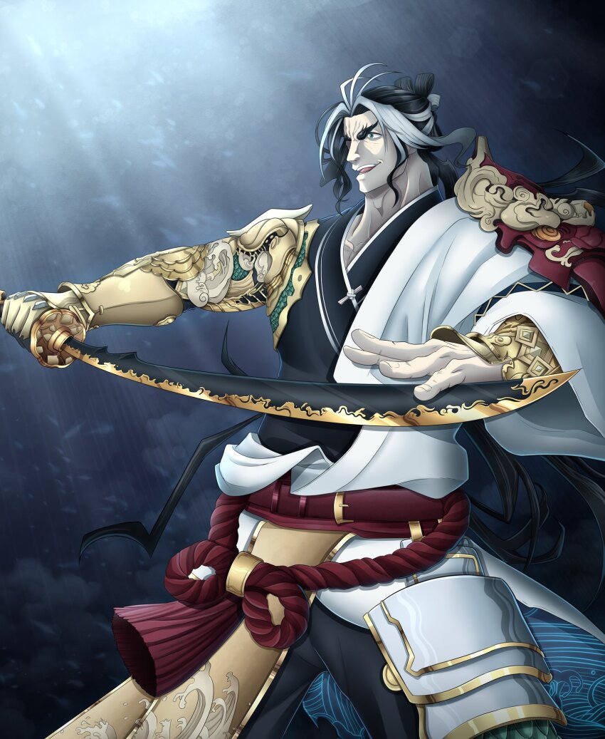 1boy, armor, black_eyes, black_hair, highres, japanese_clothes, long_hair, looking_to_the_side, male_focus, open_mouth, samurai, shuumatsu_no_valkyrie, smile, standing, susano'o_no_mikoto, teeth, tongue, very_long_hair, weapon