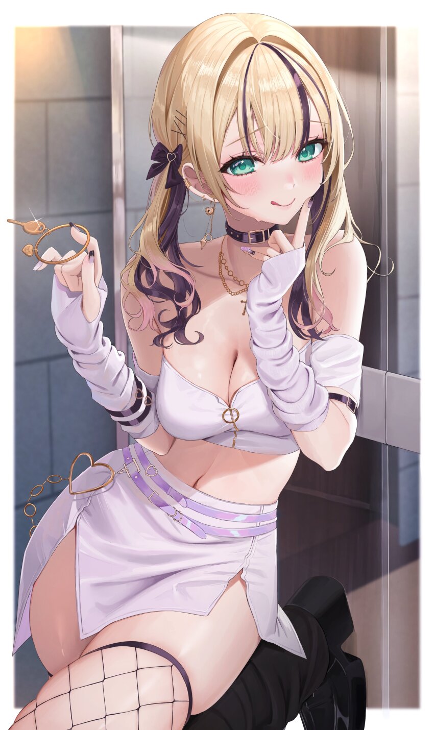 0707_una, 1girl, :q, absurdres, arm_warmers, bandeau, black_choker, black_hair, blonde_hair, blurry, blurry_background, blush, breasts, choker, cleavage, crop_top, double-parted_bangs, fingernails, fishnet_thighhighs, fishnets, green_eyes, hair_intakes, highres, holding, holding_key, key, kurumi_noah, kurumi_noah_(7th_costume), large_breasts, looking_at_viewer, multicolored_hair, multicolored_nails, nail_polish, navel, official_alternate_costume, official_alternate_hairstyle, skindentation, skirt, solo, strapless, thighhighs, thighs, tongue, tongue_out, tube_top, twintails, two-tone_hair, virtual_youtuber, vspo!, white_arm_warmers, white_bandeau, white_skirt, white_tube_top