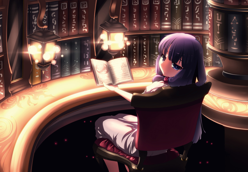 1girl, blue_eyes, book, bookshelf, chair, female_focus, glowing, glowing_eyes
