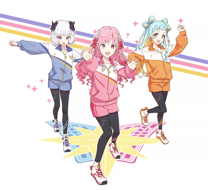 3girls, :d, aikatsu!_(series), aikatsu_academy!, arm_up, black_leggings, blue_hair, claw_pose