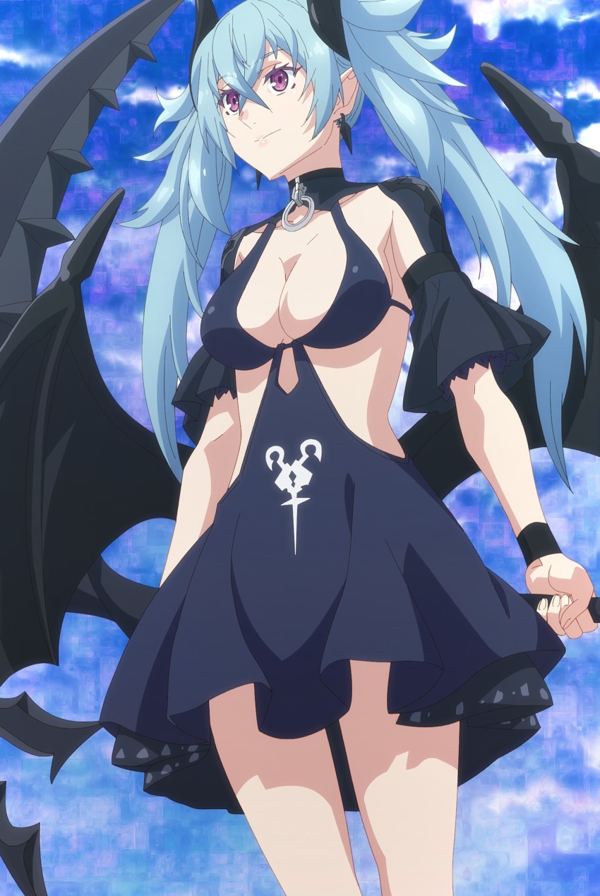 1girl, absurdres, anime_screenshot, black_dress, black_wings, blue_hair, breasts, center_opening, cleavage, collarbone, demon_girl, demon_horns, demon_wings, dress, earrings, frilled_dress, frills, hair_between_eyes, highres, hinemarill, horns, jewelry, large_breasts, long_hair, naze_boku_no_sekai_wo_daremo_oboeteinai_no_ka?, no_bra, pink_eyes, standing, stitched, thighs, third-party_edit, twintails, wings