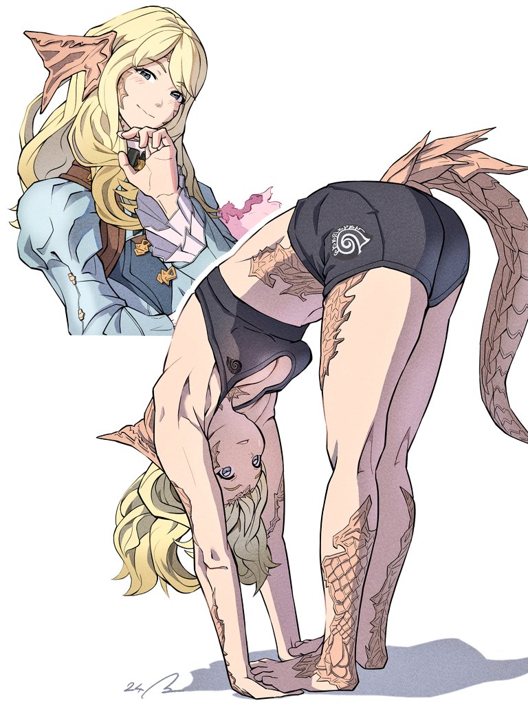 1girl, artist_name, au_ra, bimel_isabella, black_shorts, blonde_hair, blue_coat, blue_eyes