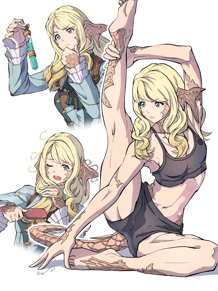 artist_name, ascot, au_ra, bimel_isabella, black_shorts, blonde_hair, blue_coat, blue_eyes