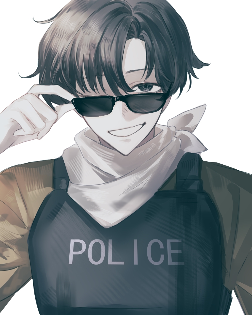 1boy, absurdres, adjusting_eyewear, bandana, bandana_around_neck, black_eyes, black_hair, black_vest