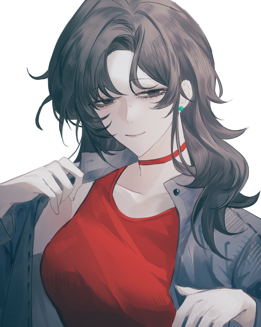 1girl, absurdres, black_eyes, black_hair, breasts, chinese_commentary, choker, collarbone, commentary_request, earrings, grey_jacket, highres, jacket, jewelry, kc-rk_sl, large_breasts, long_hair, mole, mole_on_nose, open_clothes, open_jacket, red_choker, red_shirt, sa_milu, shirt, simple_background, sleeveless, sleeveless_shirt, solo, stud_earrings, touqi_guaitan, upper_body, white_background