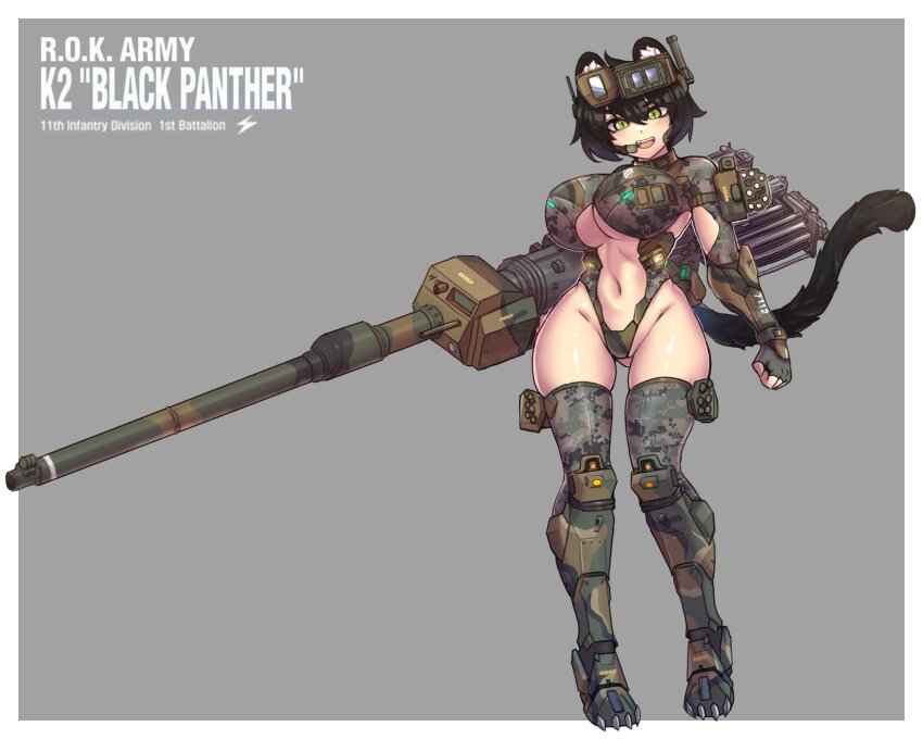 1girl, animal_ears, armored_boots, armored_gloves, bincan, black_hair, boots, breasts, camouflage, camouflage_leotard, cannon, cleavage_cutout, clenched_hand, clothing_cutout, english_text, gluteal_fold, green_eyes, hair_between_eyes, headgear, highleg, highleg_leotard, highres, k2_black_panther, k2_black_panther_(personification), large_breasts, leotard, mecha_musume, military, navel, navel_cutout, open_mouth, original, panther_ears, panther_tail, personification, revealing_clothes, short_hair, skin_tight, smokestack, stomach, tail, teeth, thighhighs, underboob, upper_teeth_only