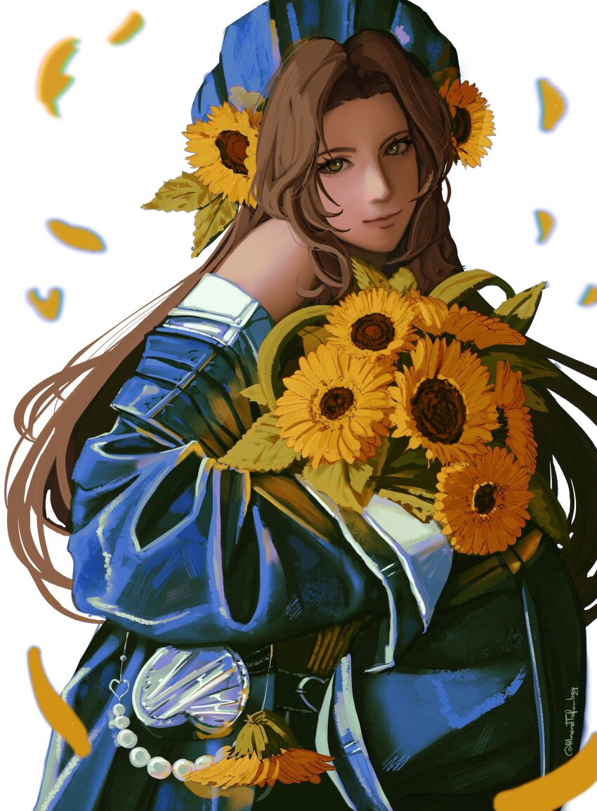 1girl, absurdres, aerith_gainsborough, almondtofu_boy, alternate_costume, bare_shoulders, blue_hat, blue_jacket