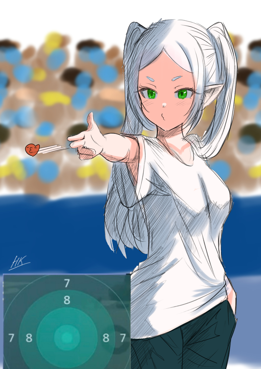 1girl, 2024_summer_olympics, absurdres, alternate_costume, blowing_kiss, blue_pants, crowd, elf