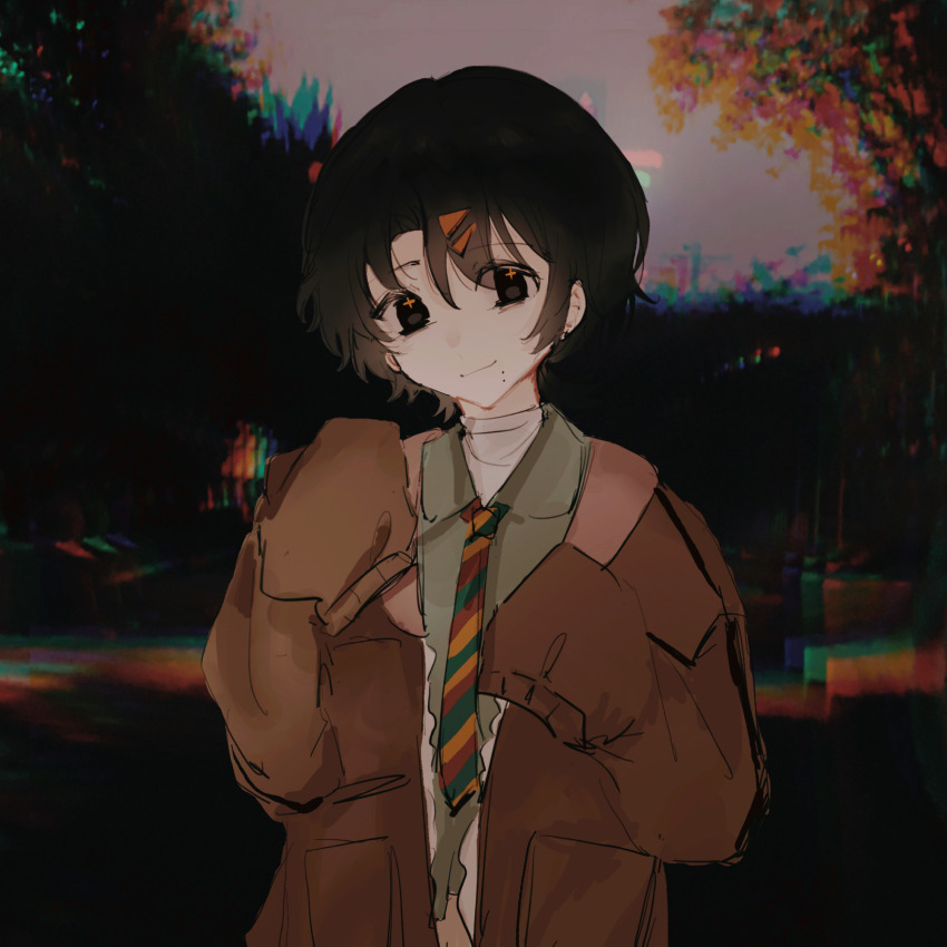 1boy, black_eyes, black_hair, brown_jacket, chinese_commentary, closed_mouth, collared_shirt, commentary_request