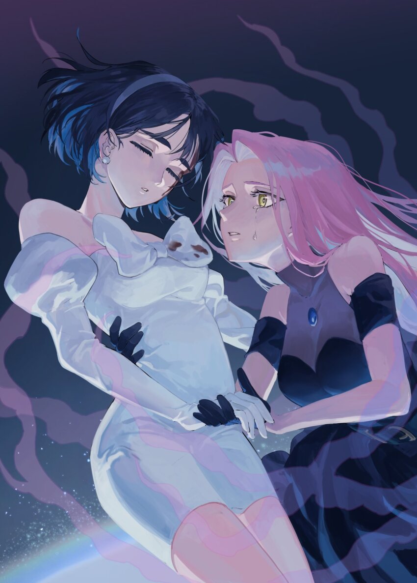 2girls, alien_stage, bare_shoulders, black_dress, black_hair, bow, chest_bow, chinese_commentary