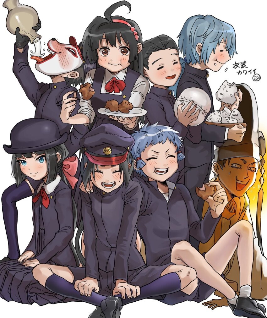 2girls, 6+boys, :d, :t, ahoge, ankle_socks, aojurujuru, ball