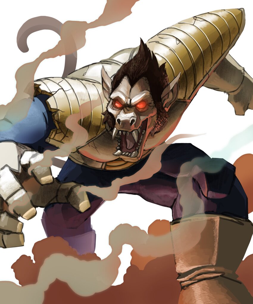 alex_alcanter, alien, ape, armor, bodysuit, boots, crack, dragon_ball, dragonball_z, fangs, giant, giant_monster, gloves, highres, kaiju, monster, no_humans, no_pupils, oozaru, open_mouth, pointy_ears, pointy_hair, red_eyes, sharp_teeth, shoulder_armor, shoulder_pads, simple_background, smoke, space_monster, tail, teeth, toei_company, tongue, transformation, vegeta, white_background