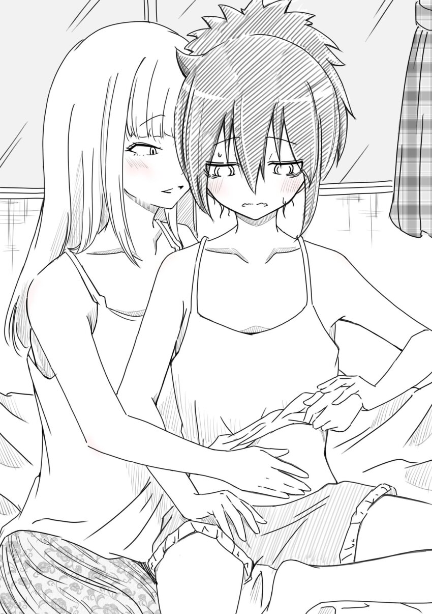 2girls, azuminonomizua, bags_under_eyes, barefoot, blush, camisole, camisole_lift, clothes_lift, collarbone, curtains, floral_print, greyscale, hand_on_another's_wrist, highres, katou_asuka, kuroki_tomoko, lifting_another's_clothes, long_hair, monochrome, multiple_girls, one_eye_covered, open_mouth, plaid_curtains, print_skirt, sitting, skirt, small_sweatdrop, smile, watashi_ga_motenai_no_wa_dou_kangaetemo_omaera_ga_warui!, wavy_mouth, window, yuri