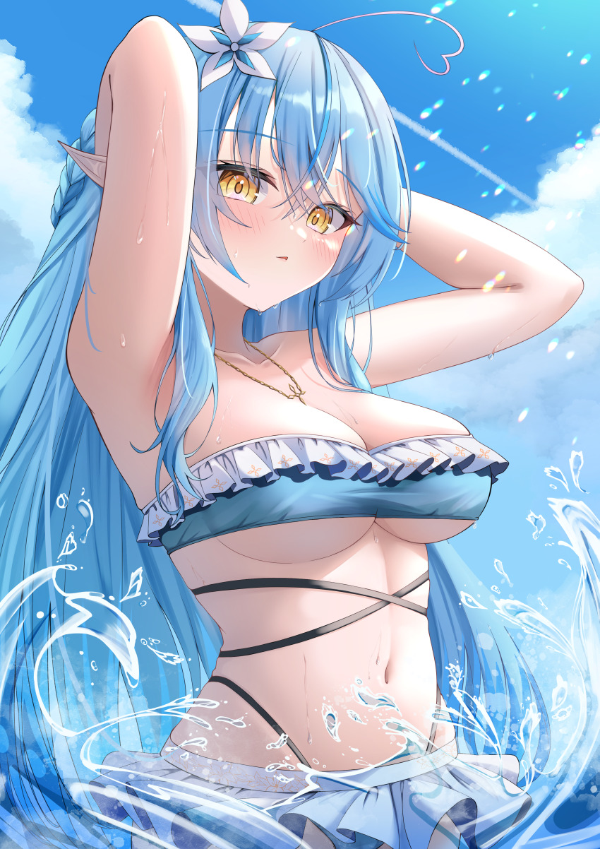 1girl, absurdres, ahoge, armpits, arms_behind_head, arms_up, bare_shoulders, bikini