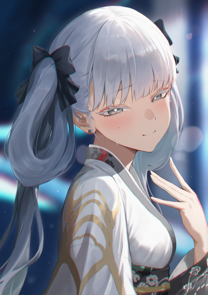 1girl, absurdres, alternate_costume, black_bow, blurry, blurry_background, blush, bow, breasts, bright_pupils, chromatic_aberration, closed_mouth, colored_eyelashes, commentary, earrings, floral_bow_hair_ornament, from_side, glowing_pupils, hair_bow, hand_up, highres, japanese_clothes, jewelry, jinhsi_(wuthering_waves), kimono, kokono_(kokonokami), long_hair, looking_at_viewer, medium_breasts, mole, mole_on_cheek, portrait, smile, solo, stud_earrings, sweat, two_side_up, upper_body, very_long_hair, white_eyelashes, white_eyes, white_hair, white_kimono, white_pupils, wuthering_waves