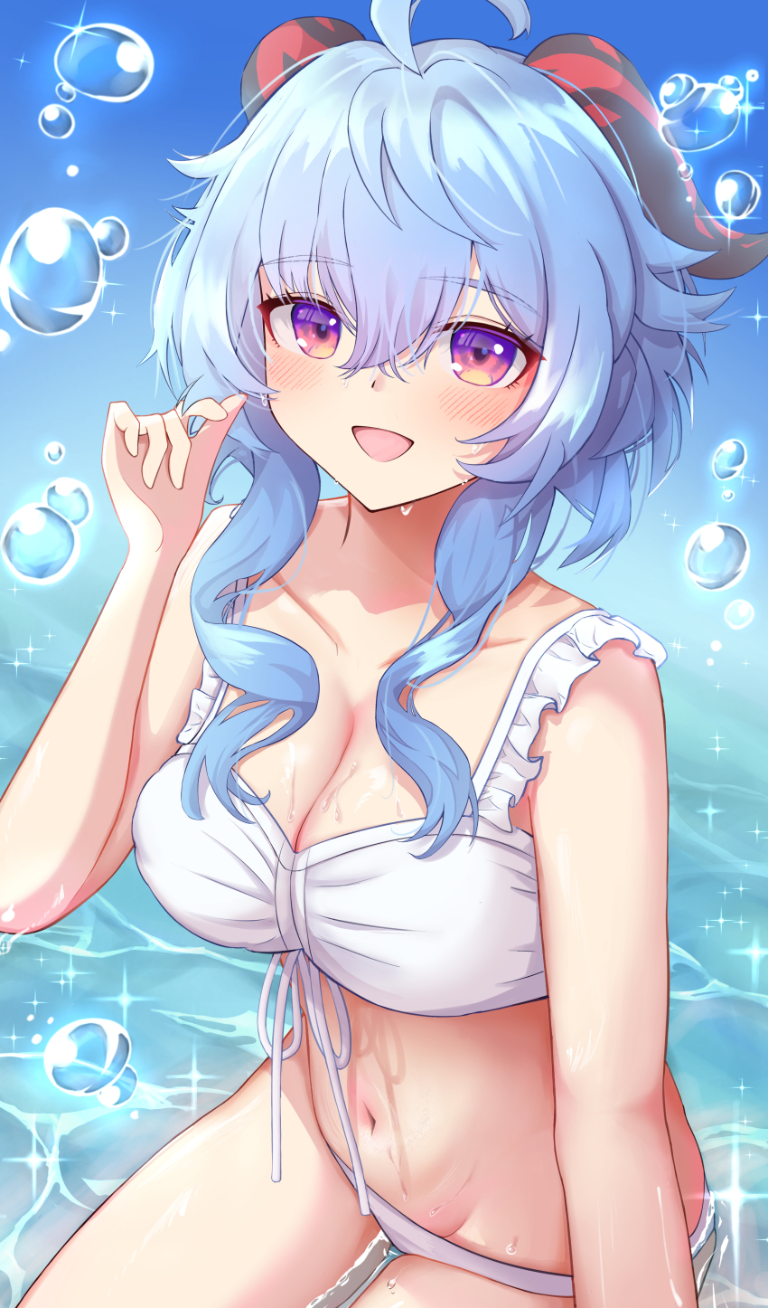 1girl, :d, absurdres, ahoge, alternate_costume, bikini, blue_hair, blue_sky, blush, breasts, cleavage, collarbone, commentary_request, cowboy_shot, day, ganyu_(genshin_impact), genshin_impact, goat_horns, hair_between_eyes, hand_up, haruka_f4l, highres, horns, light_blue_hair, looking_at_viewer, medium_breasts, navel, open_mouth, outdoors, panties, purple_eyes, short_hair_with_long_locks, sky, smile, solo, sparkle, stomach, swimsuit, underwear, water, water_drop, wet, white_bikini, white_panties