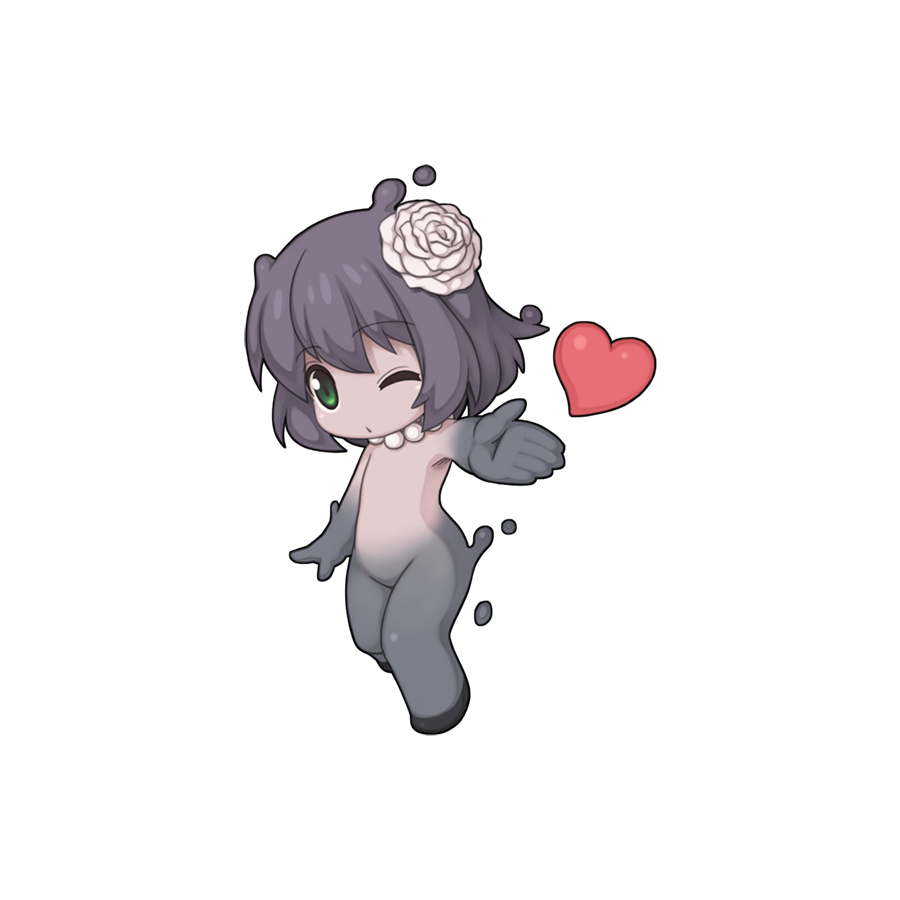 1girl, blowing_kiss, chibi, chibi_only, colored_skin, ferre_(ragnarok_online), flower, full_body, green_eyes, grey_hair, grey_skin, hair_flower, hair_ornament, heart, looking_at_viewer, official_art, one_eye_closed, open_mouth, pointy_ears, ragnarok_online, short_hair, simple_background, solo, standing, transparent_background, white_flower, yuichirou