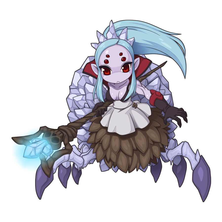 1girl, :<, arachne, arthropod_girl, black_bra, black_gloves, blue_hair, bra, breasts, breasts_apart, brinaranea, chibi, chibi_only, closed_mouth, colored_skin, expressionless, extra_eyes, full_body, gloves, grey_skin, hair_ornament, high_ponytail, holding, holding_staff, insect_girl, long_hair, looking_at_viewer, medium_breasts, monster_girl, official_art, pointed_crown, pointy_ears, ponytail, ragnarok_online, red_eyes, simple_background, skirt, solo, spider_girl, staff, standing, taur, transparent_background, underwear, white_skirt, yuichirou