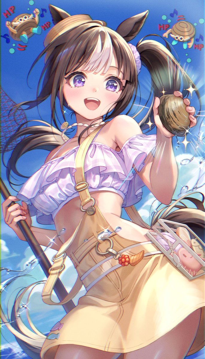 1girl, :d, animal_ears, bare_shoulders, bead_necklace, beads, boater_hat, breasts