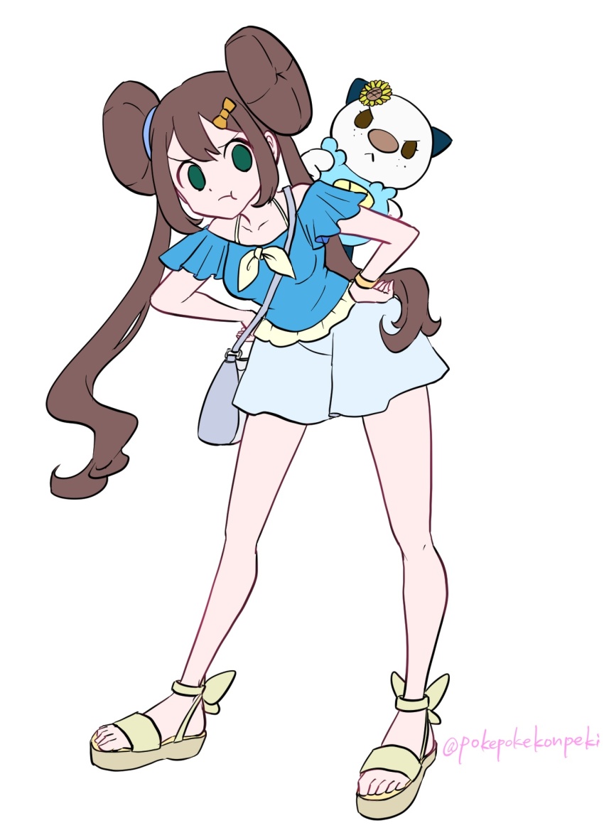 1girl, :<, alternate_costume, blue_shirt, bow, breasts, brown_hair, donut_hair_bun