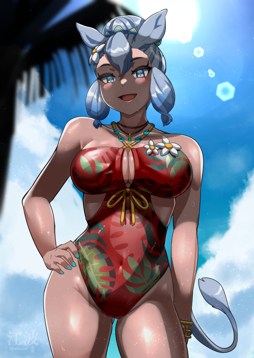 1girl, absurdres, animal_ears, arm_at_side, artist_logo, backlighting, blue_eyes, blue_hair, blurry, blurry_background, blush, breasts, cleavage, covered_navel, cowboy_shot, dark-skinned_female, dark_skin, day, fingernails, floral_print, flower, green_pupils, groin, hair_between_eyes, hair_bun, hair_flower, hair_ornament, hand_on_own_hip, highres, jewelry, kawanami_eito, kemono_friends, kemono_friends_3, large_breasts, logo, looking_at_viewer, nail_polish, one-piece_swimsuit, open_mouth, outdoors, palm_tree, paraceratherium_(kemono_friends), pendant, print_swimsuit, rhinoceros_ears, rhinoceros_girl, rhinoceros_tail, short_hair, single_hair_bun, smile, solo, straight-on, sun, sunlight, swimsuit, tail, tree