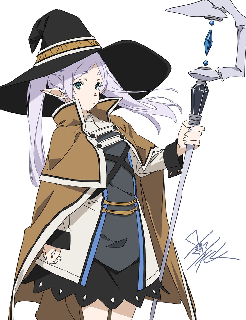 1girl, black_hat, brown_cloak, cloak, cosplay, elf, frieren, green_eyes