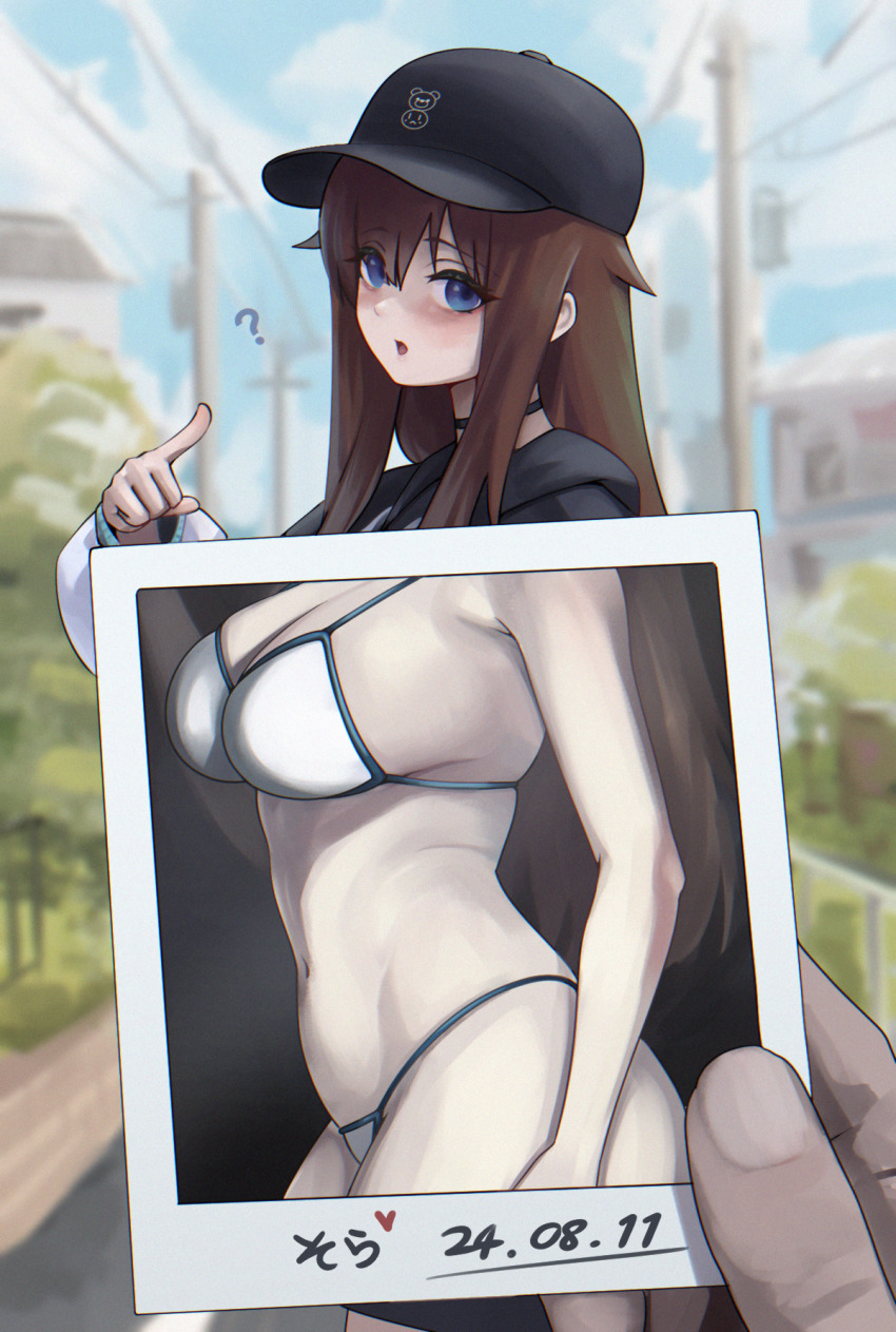 1girl, ?, baseball_cap, bikini, black_choker, black_hat, black_hoodie, black_shorts, blue_eyes, blurry, blurry_background, blush, breasts, brown_hair, choker, commentary_request, dalcom, dated, day, hair_flaps, hat, highres, holding, holding_photo, hololive, hood, hoodie, large_breasts, long_hair, long_sleeves, looking_at_viewer, navel, official_alternate_costume, open_mouth, outdoors, parted_bangs, photo_(object), pointing, pointing_at_viewer, polaroid_photo, pov, pov_hands, road, short_shorts, shorts, sideboob, sidelocks, solo_focus, stomach, street, string_bikini, swimsuit, tokino_sora, tokino_sora_(dj_hoodie), tree, utility_pole, virtual_youtuber, white_bikini