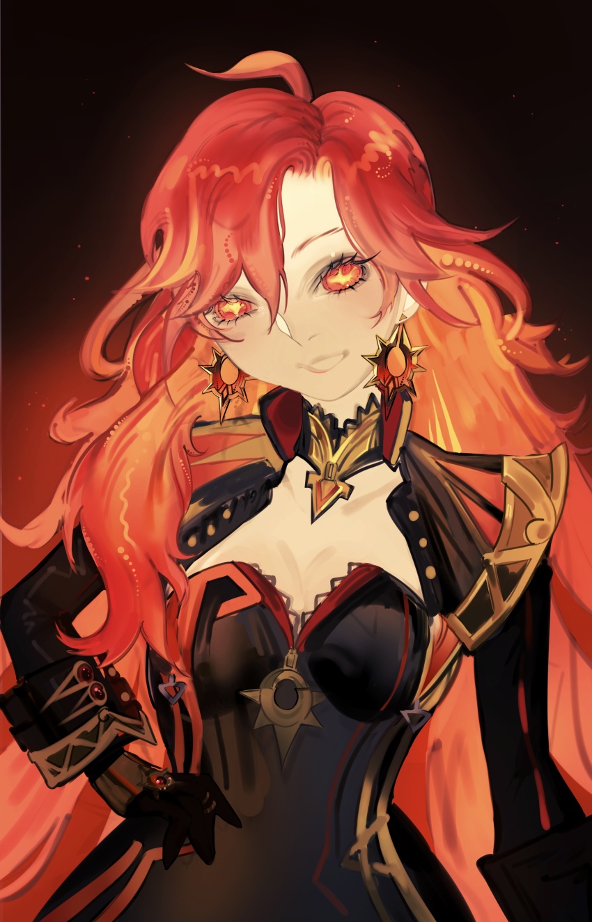 1girl, absurdres, biker_clothes, bikesuit, black_bodysuit, bodysuit, earrings, genshin_impact, gloves, highres, jewelry, long_hair, looking_at_viewer, mavuika_(genshin_impact), multicolored_eyes, multicolored_hair, open_mouth, orange_hair, orange_pupils, red_hair, smile, solo, sun_earrings, symbol_in_eye, tricheska, two-tone_eyes, very_long_hair