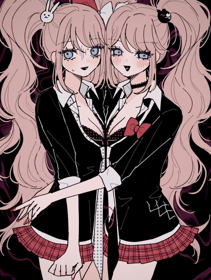 2girls, :d, bear_hair_ornament, black_choker, black_shirt, blush, bow, breasts