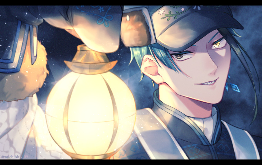 1boy, blue_hair, commentary_request, grey_eyes, hat, heterochromia, highres, holding