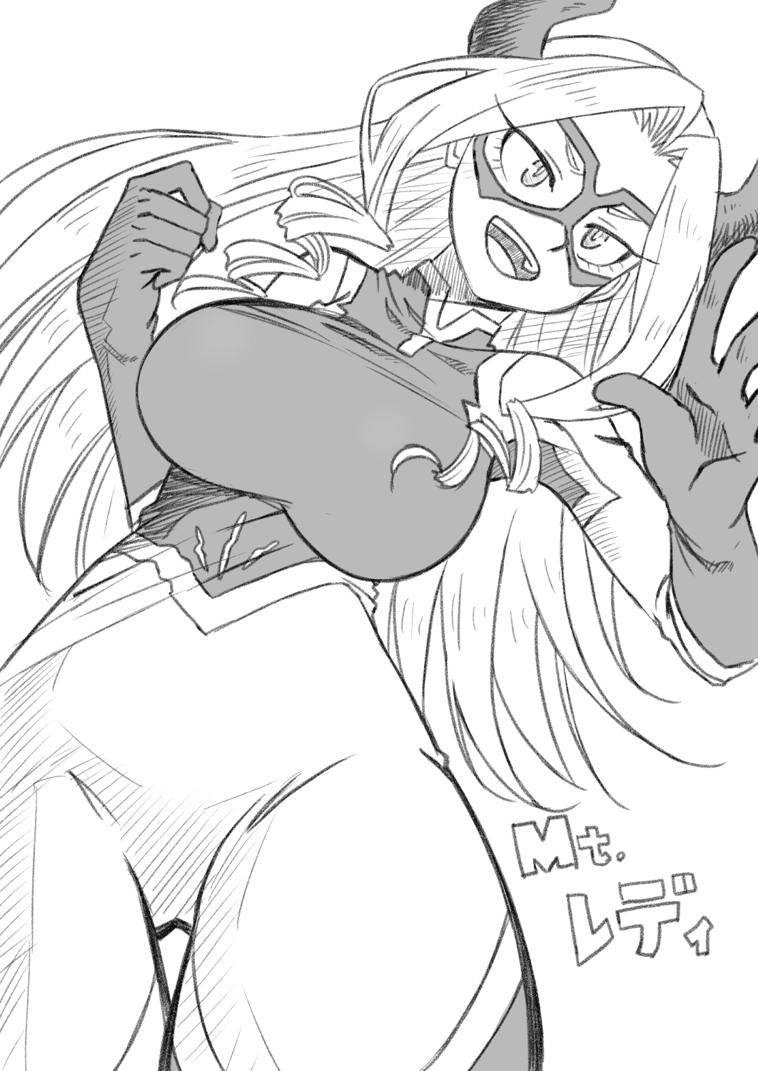 1girl, bodysuit, boku_no_hero_academia, breasts, commentary_request, eyelashes, gloves, greyscale