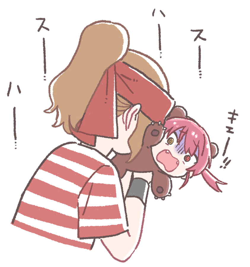 2girls, a-ka, blue_poncho, brown_hair, chibi, commentary_request, headband, hololive