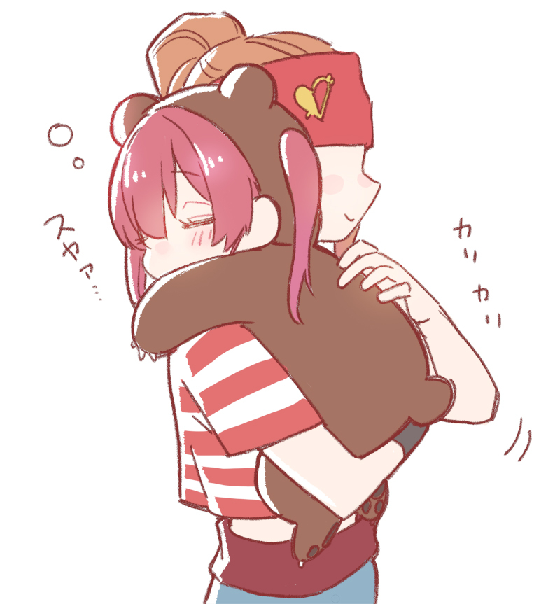 2girls, a-ka, animal_costume, bear_costume, blush, carrying, chibi, child_carry