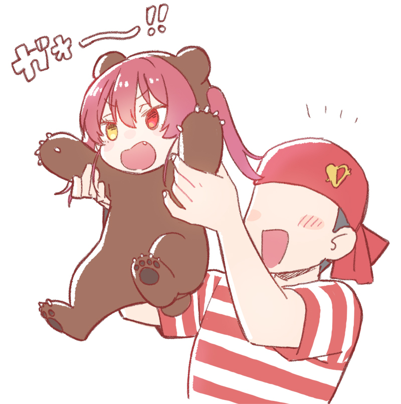 1boy, 1girl, a-ka, animal_costume, bear_costume, chibi, commentary_request, faceless, faceless_male, fang, heterochromia, hololive, houshou_kumarine, houshou_marine, ichimi_(houshou_marine), onesie, pirate_costume, red_eyes, red_hair, twintails, virtual_youtuber