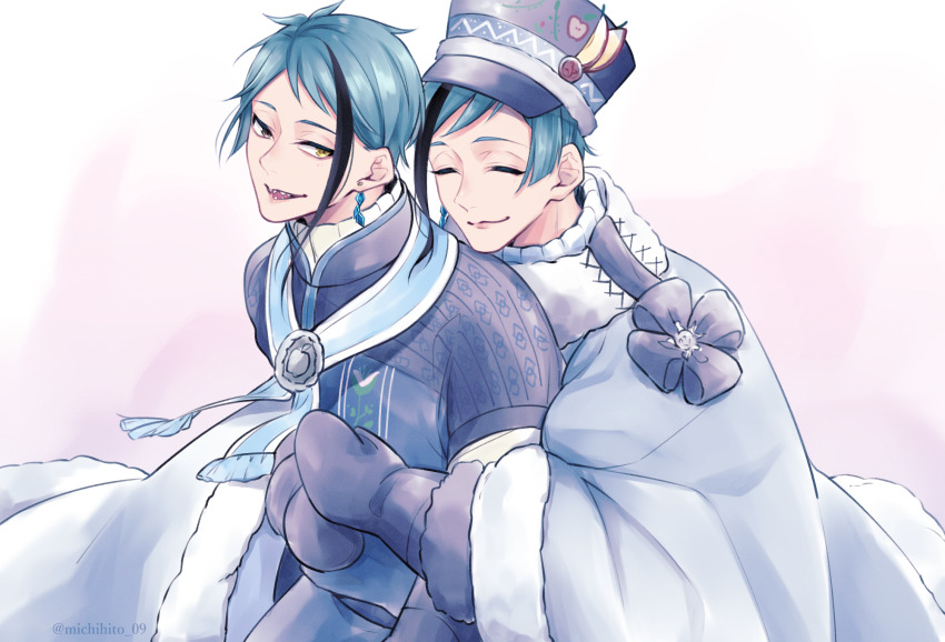 2boys, blue_hair, brothers, brown_eyes, coat, commentary_request, epel_felmier, epel_felmier_(applepom)