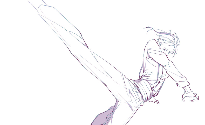 1boy, feet_out_of_frame, floyd_leech, high_kick, highres, kicking, looking_at_viewer, male_focus