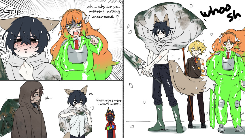 1girl, 1other, 3boys, absurdres, akantai, black_eyes, black_hair, blonde_hair