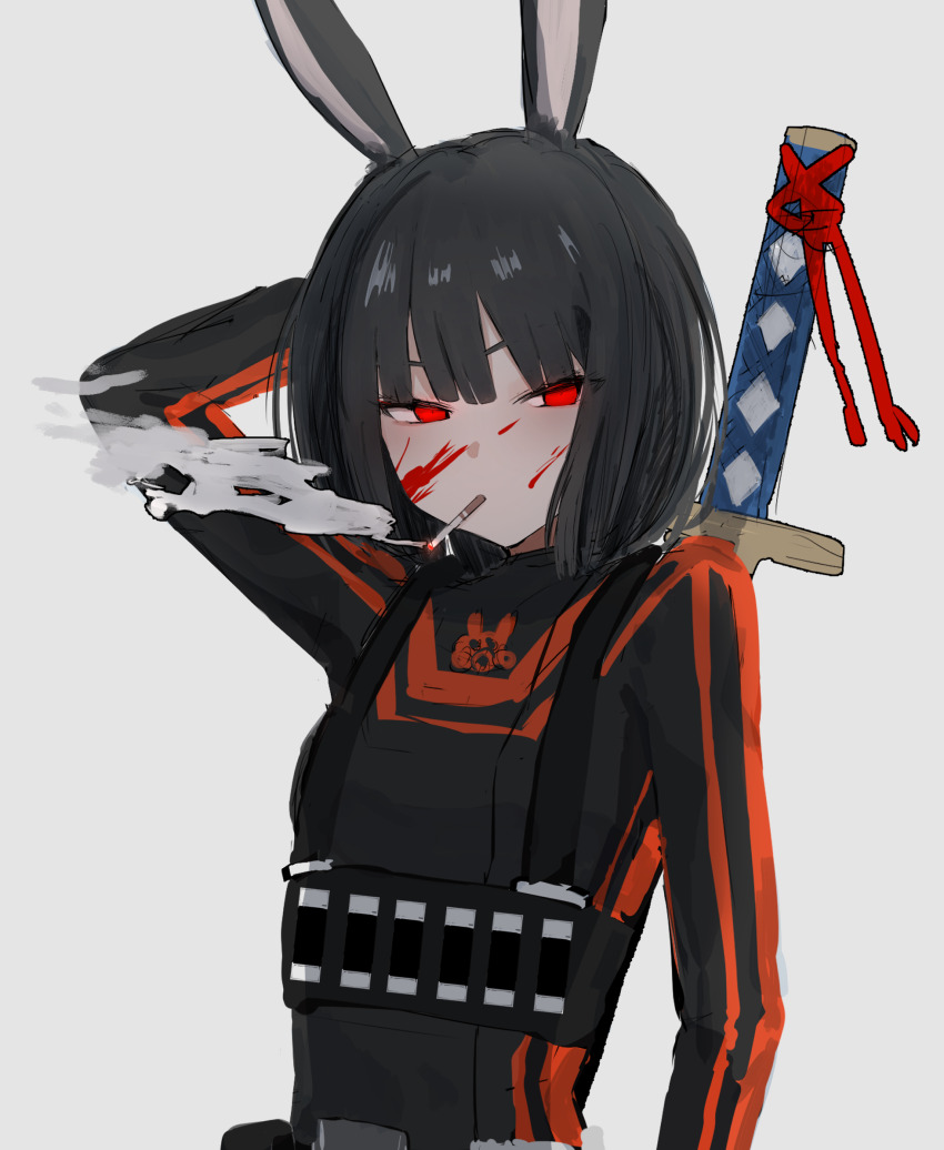 1girl, animal_ears, arm_up, black_bodysuit, black_hair, blood, blood_on_face, bob_cut