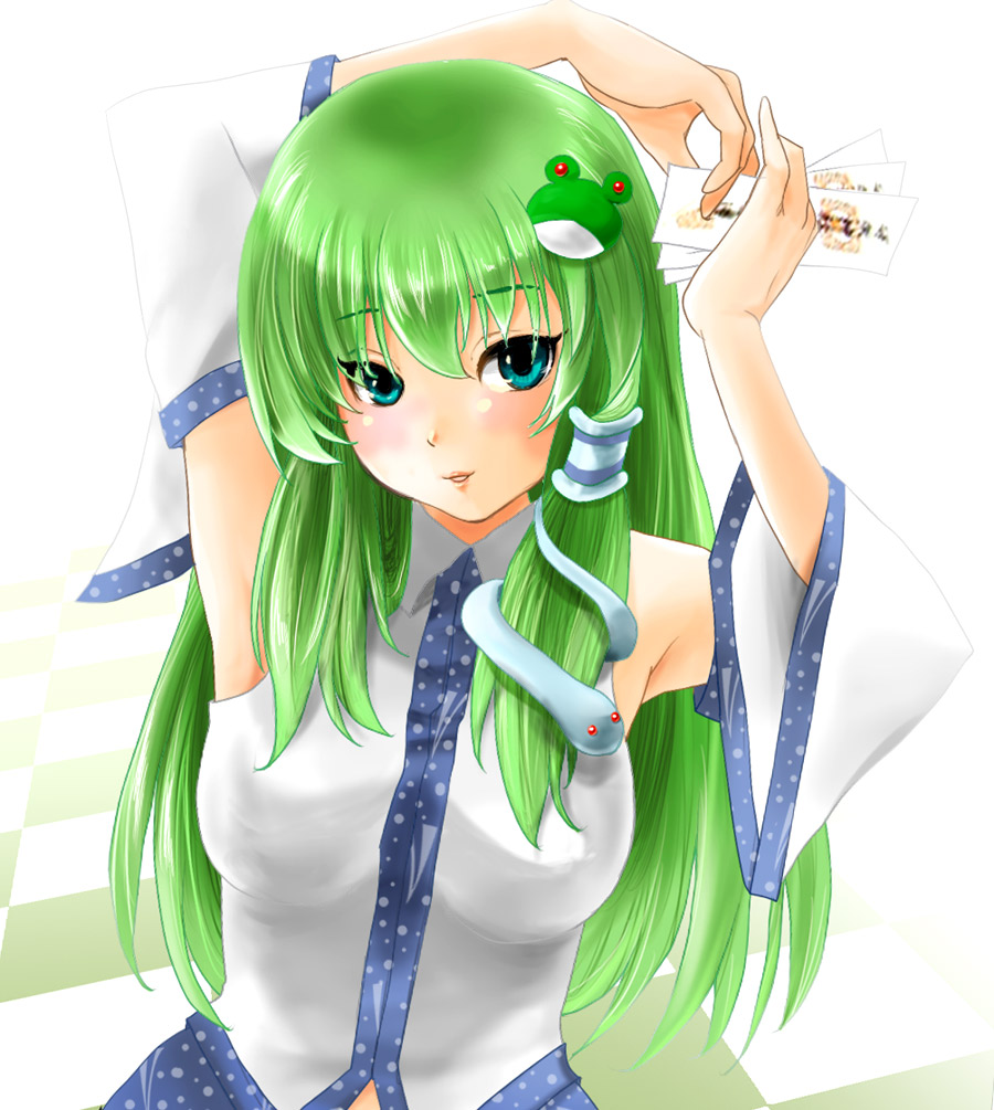 1girl, armpits, bad_id, bad_pixiv_id, detached_sleeves, female_focus, frog, green_eyes, green_hair, hair_ornament, kochiya_sanae, long_hair, matching_hair/eyes, mori3, ofuda, snake, solo, touhou