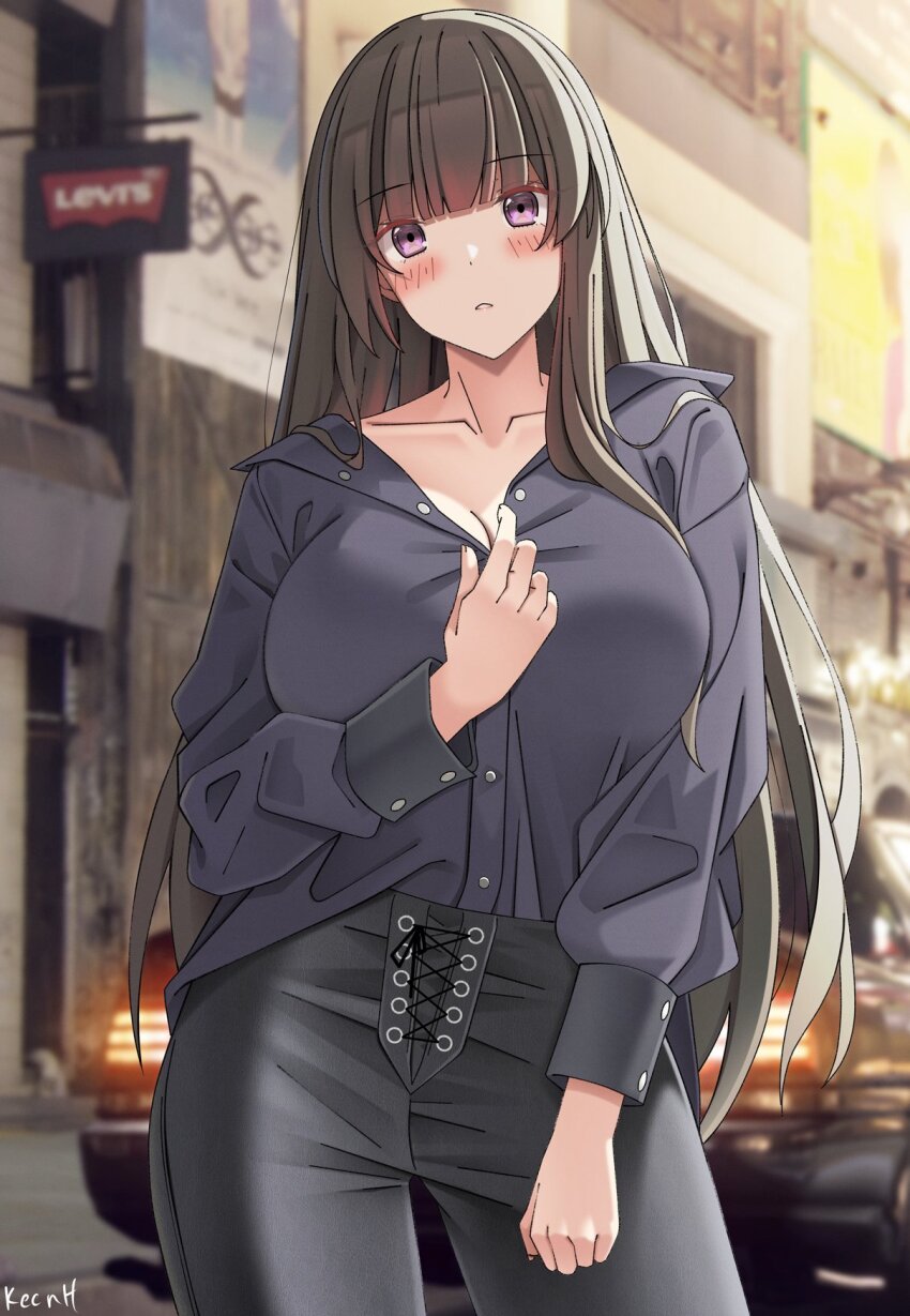 1girl, artist_name, black_pants, black_shirt, blunt_bangs, blush, borrowed_character, breasts