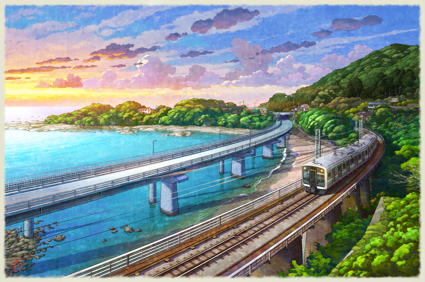 bridge, cloud, commentary_request, east_japan_railway_company, kamogawa_(chiba), lamppost, mountain, mugumo_24k, multiple_unit_train, no_humans, ocean, original, outdoors, overhead_line, power_lines, railroad_tracks, real_world_location, revision, road, rock, scenery, sunrise, train, water