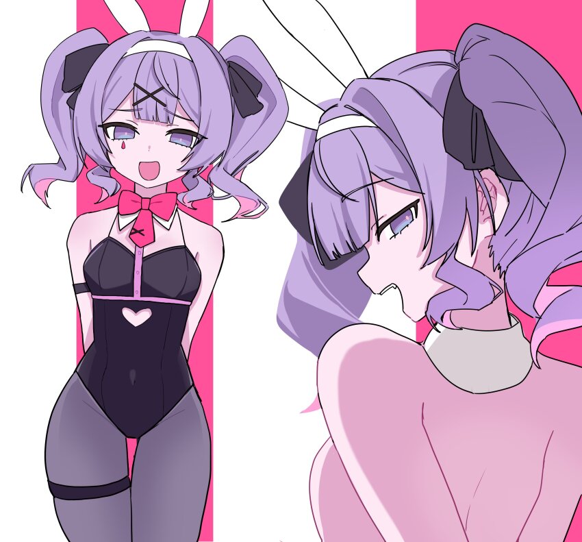 1girl, :d, absurdres, animal_ears, arms_behind_back, black_leotard, bow, bowtie, clothing_cutout, cowboy_shot, cutout_above_navel, detached_collar, facial_mark, fake_animal_ears, hair_bow, hair_ornament, hatsune_miku, heart_cutout, highres, leotard, looking_at_viewer, looking_back, multicolored_eyes, multicolored_hair, multiple_hair_bows, open_mouth, pantyhose, playboy_bunny, purple_eyes, purple_hair, rabbit_hole_(vocaloid), simple_background, smile, teardrop_facial_mark, teeth, thigh_gap, thigh_strap, topless_female, twintails, upper_teeth_only, vocaloid, x_hair_ornament, yukia_1128