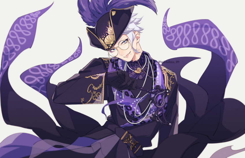 1boy, azul_ashengrotto, azul_ashengrotto_(masquerade), black_robe, blue_eyes, commentary_request, eyewear_strap, glasses