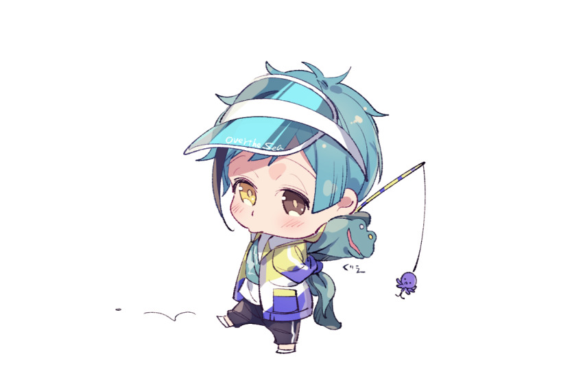 1boy, blue_hair, brown_eyes, chibi, fishing_rod, floyd_leech, floyd_leech_(outdoor_wear), full_body
