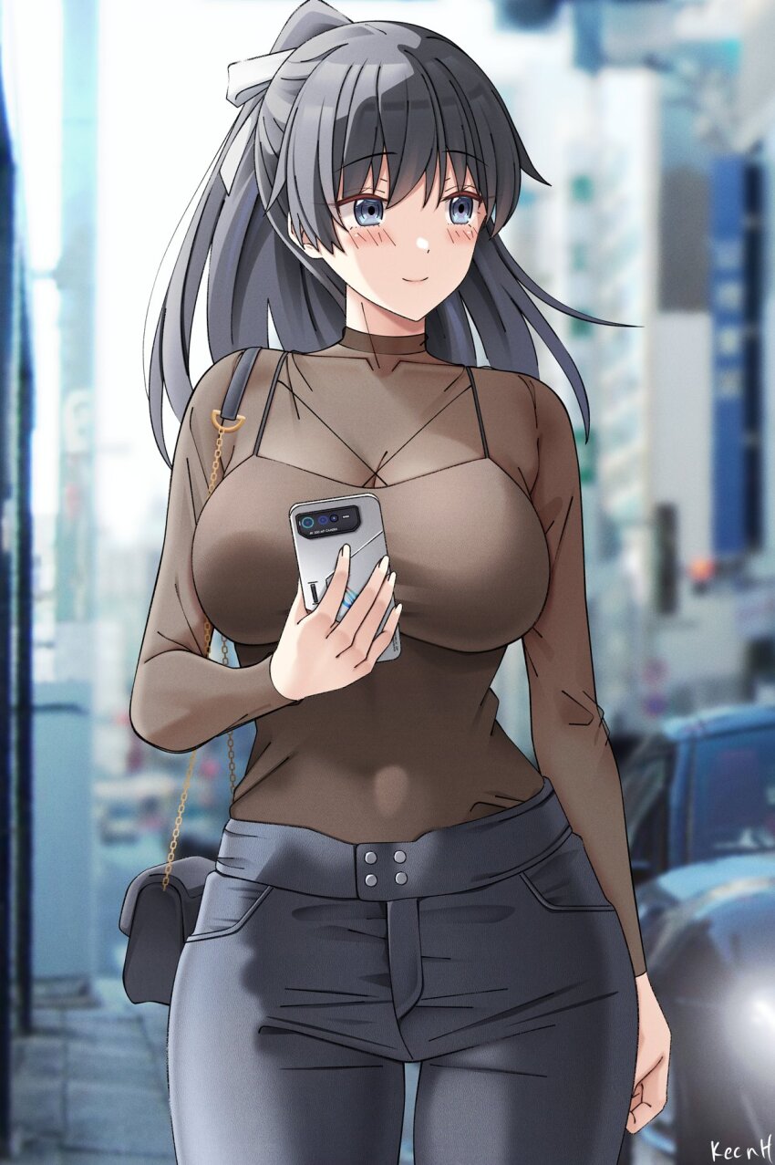 1girl, abe_mikiko_(rc_f), artist_name, black_car, black_hair, black_pants, blue_eyes, blush